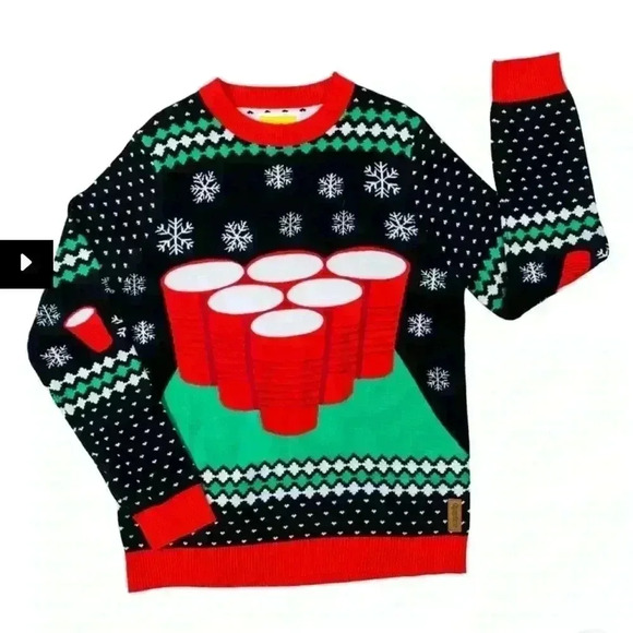 TIPSY ELVES CHEER PONG GAME UGLY CHRISTMAS SWEATER/Sticky Ball Incl. SZ M - Picture 1 of 7